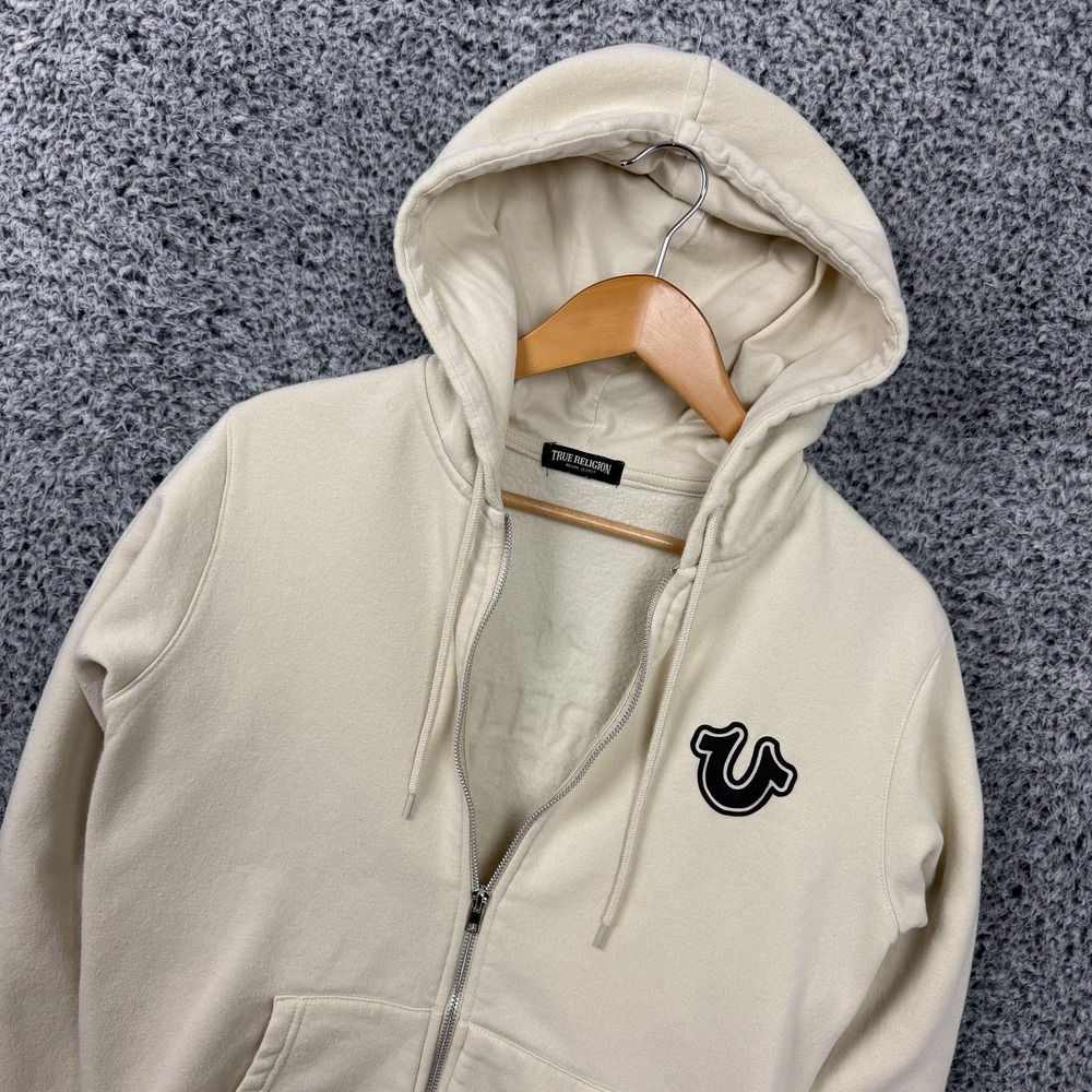 True Religion Hoodie Mens Off White/Cream Core Zip Up Graphic Fleece Logo M